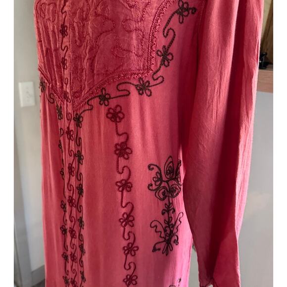 Vintage Boho Floral Embroidered Maxi Dress Pink One Size Hippie Lagenlook Artsy - Picture 6 of 12